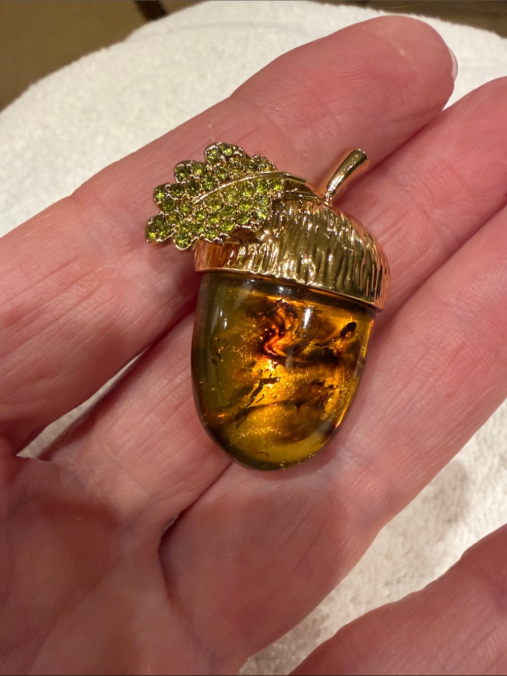 Talbots Gold-Tone Amber Acorn Brooch with Green Crystal Leaf